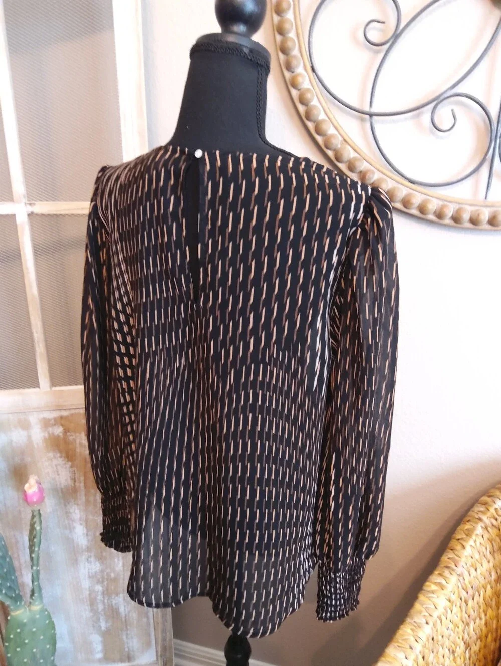 A New Day Black and Beige Patterned Long-Sleeve Women's Blouse